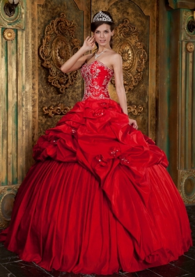 Red Ball Taffeta Beading Appliques Quinceanera Gown Dress