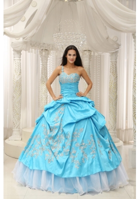 Aqua One Shoulder Appliques Quinceanera Dress Pick Ups