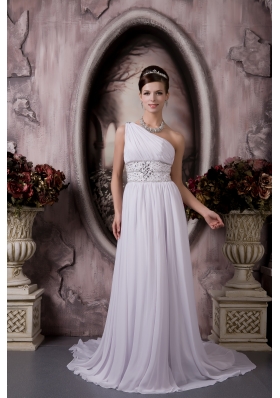 One Shoulder Court Train Chiffon Beaded Wedding Dress