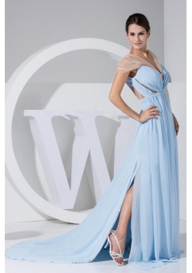 Light Blue Chiffon Brush Train Prom Dress with High Slit