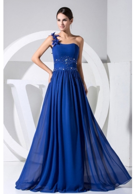 One Shoulder Beading Blue Chiffon Prom Dress Handle Flowers