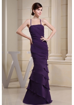 Spaghetti Straps Layered Colulm Purple Prom Evening Dress