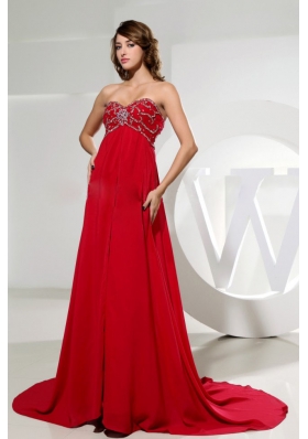 Beading Red Sweetheart Brush Train Dress for Prom