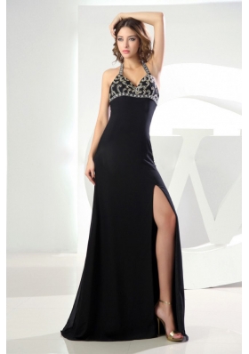 High Slit Black Halter Prom Dress with Beads