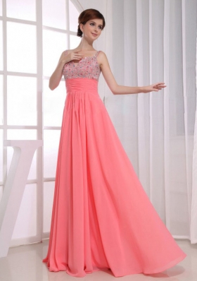 Beading Prom Dress Empire Straps Watermelon Chiffon