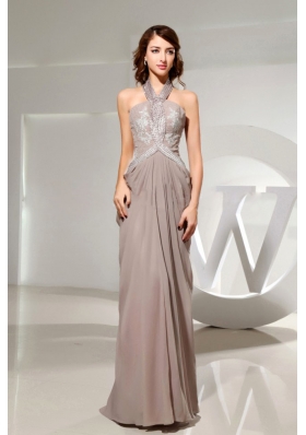 Halter Grey Chiffon Prom Dress Empire Beading