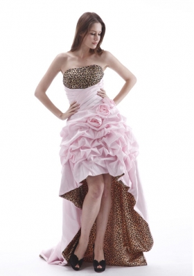 High-low Baby Pink Leopard Prom Dress with Pick-ups