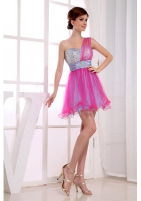 One Shoulder Hot Pink Prom Dress Organza Mini Beaded