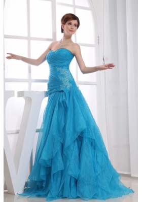 Organza Blue Ruffles Ruched Sweetheart Prom Dress