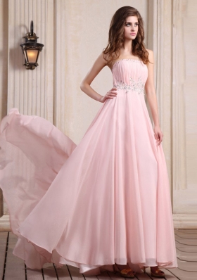 Beaded Baby Pink Prom Dress Chiffon Brush Train