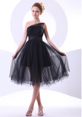 One Shoulder Black Tulle Knee-length Prom Dress