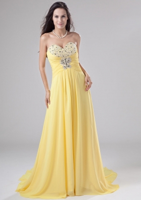 Yellow Chiffon Beading Sweep Prom Dress Empire Yellow