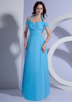 Aqua Blue Ruched Halter Prom Gown Chiffon