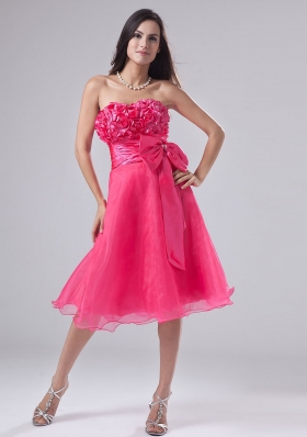 Handmade Flowers Bowknot Hot Pink Prom Gown Short