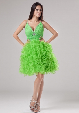 V-neck Knee-length Ruffled Prom Gown Spring Green