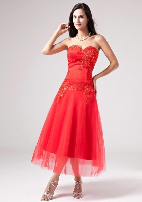 Red Ankle-length TulleProm Dress Beads Appliques