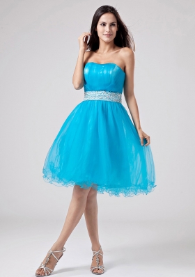 Teal Knee-length Organza Prom Dress Sash Ruched