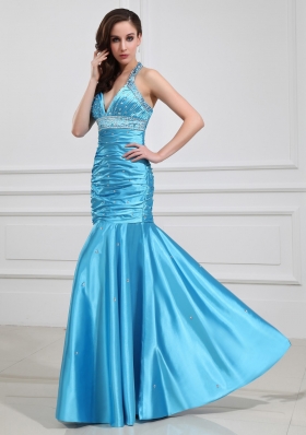 Halter Blue Mermaid Beading Prom Gown with Ruching