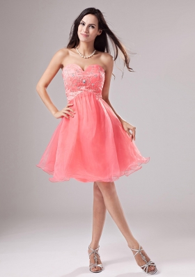 A-Line Organza Watermelon Beaded Mini Prom Dress