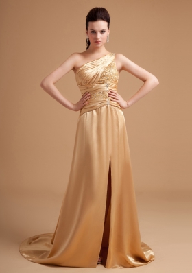 Champagne Prom Dress Beading One Shoulder High Slit