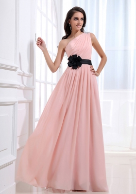 One Shoulder Baby Pink Sash Prom Dress Chiffon