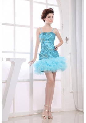 Embroidery Aqua Blue Short Prom Dress Spaghetti Straps