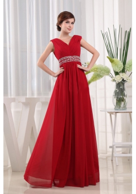 2013 Stylish V-neck Beaded Red Prom Evening Dress Chiffon