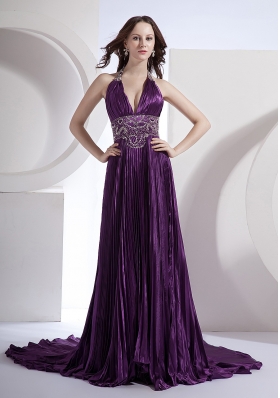 Beading Halter Broad Waistband A-line Brush Prom Dress