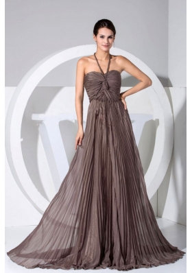 Halter Pleating Throughout Brown Brush Prom Dress