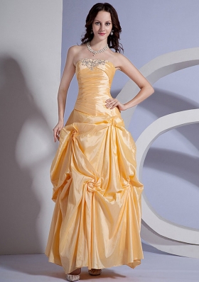 Ruffles Ruched Appliques Yellow Ankle-length Prom Dress