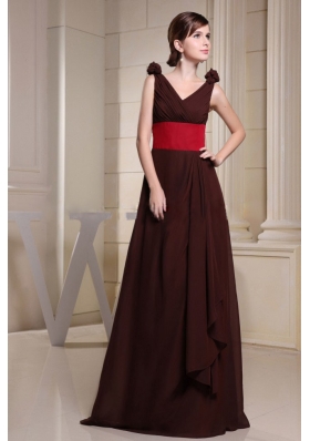 V-neck Red Waistband Flowers Brown Prom Dress