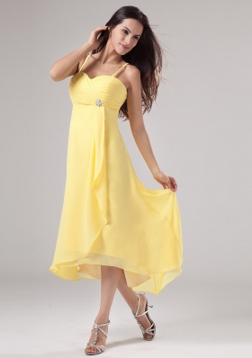 Yellow Spaghetti Straps Prom Dress Beading Ruch