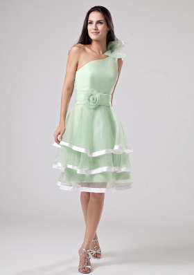 Apple Green Layeres Prom Dress One Shoulder Flowers