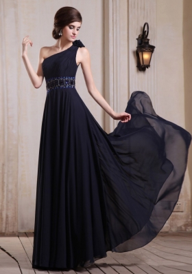 Navy Blue Prom Dress One Shoulder Bead Hand Flower