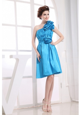 Hand Flowers Prom Dress One Shoulder Aqua Blue