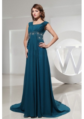 Square Beading Brush Train Blue Prom Dress