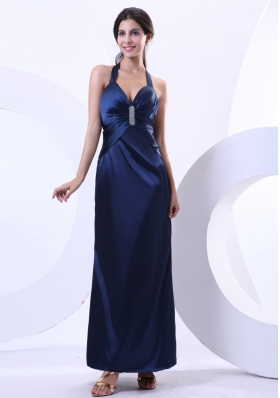 Halter Prom Dress Navy Blue Ankle-length Beading