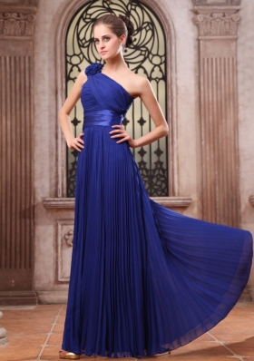 Hand Flower Pleat Prom Dress One Shoulder Blue