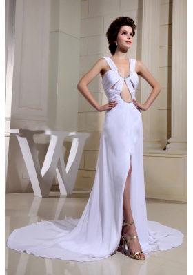 Sexy U shape Keyhole With Prom Dress With Ruched High Slit