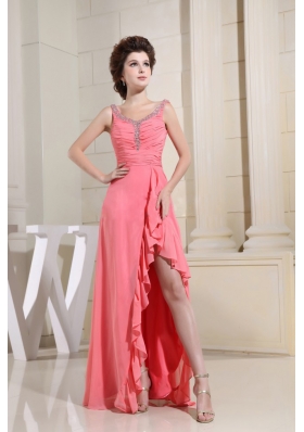 Watermelon High-low Ruched Bodice Beaded Straps Prom Dress