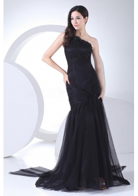 One Shoulder Black Tulle Taffeta Prom Dress Appliques