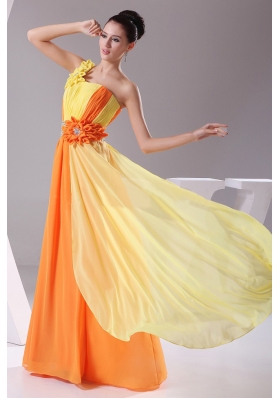 Orange and Yellow Prom Dress Chiffon Beading and Ruching