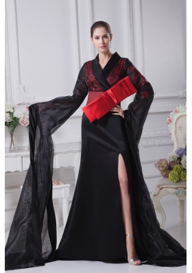 Black Organza High Slit V-neck Brush Train 2013 Prom Dress Long Sleeves