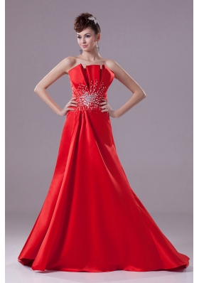 Red A-line Beading Strapless Satin Prom Dress