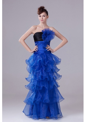 Royal Blue Prom Graduation Dress Flowers Ruffled Layers Ruch