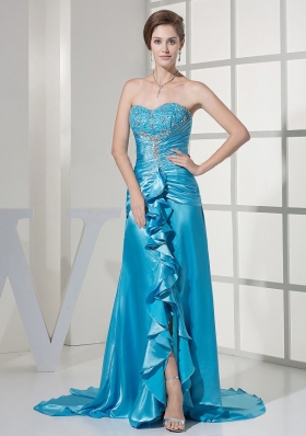 Teal Prom Dress Taffeta Beading Brush Train