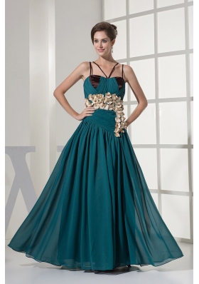 Spaghetti Straps Teal Prom Dress Handmade Flowers