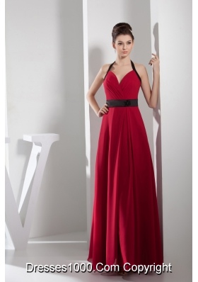 2013 Simple Column Halter Sash Long Red Prom Dress