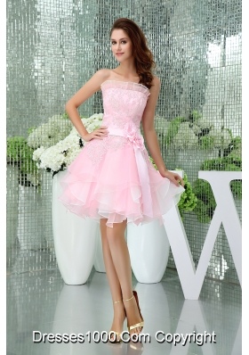 A-line Baby Pink Strapless Ruffles Lace Sash Prom Dress