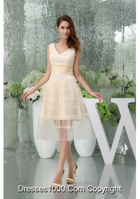 A-line V-neck Short Champagne Tulle Prom Dress